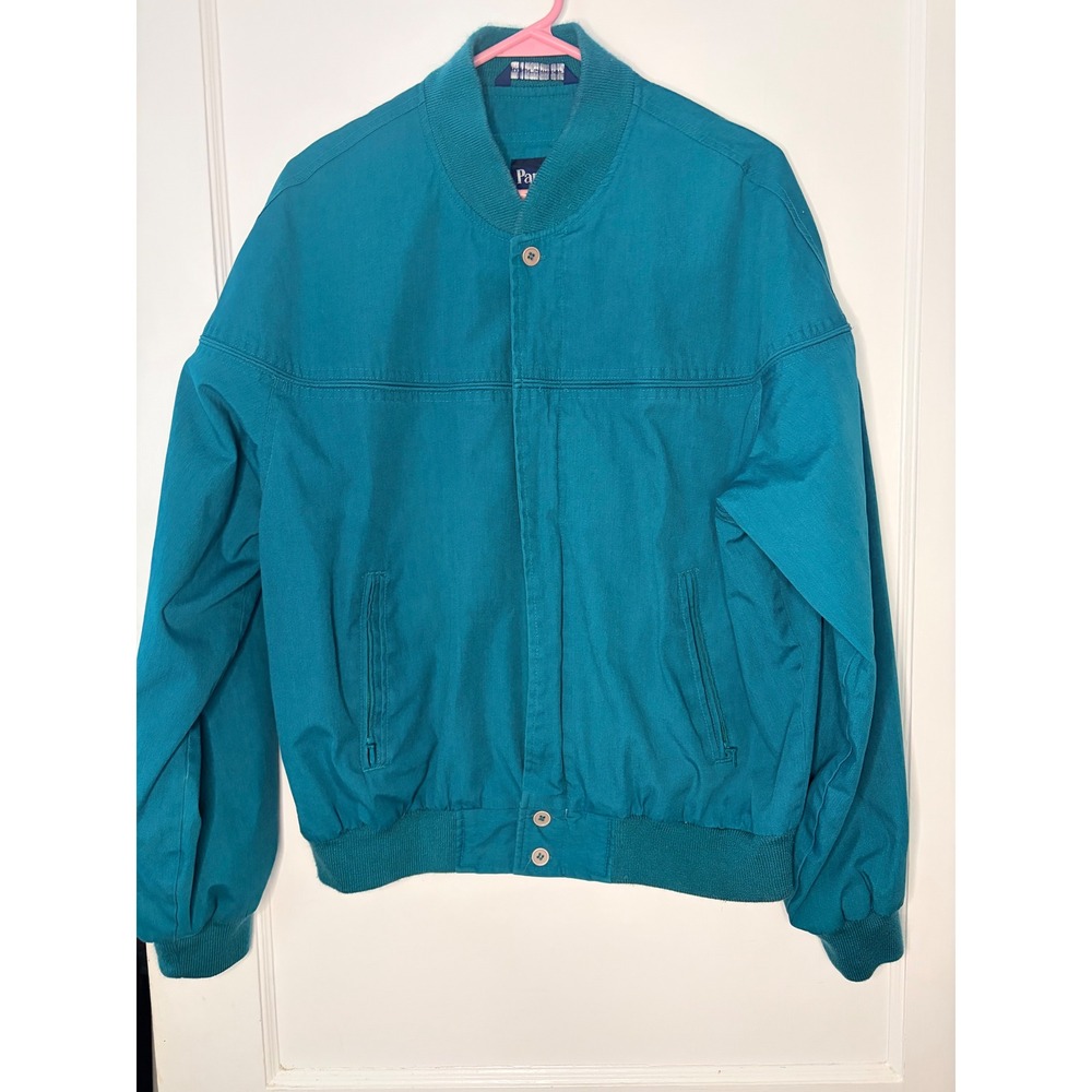 Par Four Teal Bomber Jacket Mens‎ L Ribbed Collar & Cuffs vintage solid green